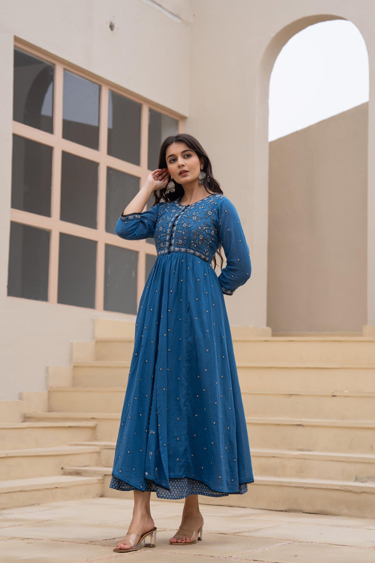 Juniper Indigo Floral Embroidered Cotton Dress with Button Closure & Cotton Lace | Grocsy