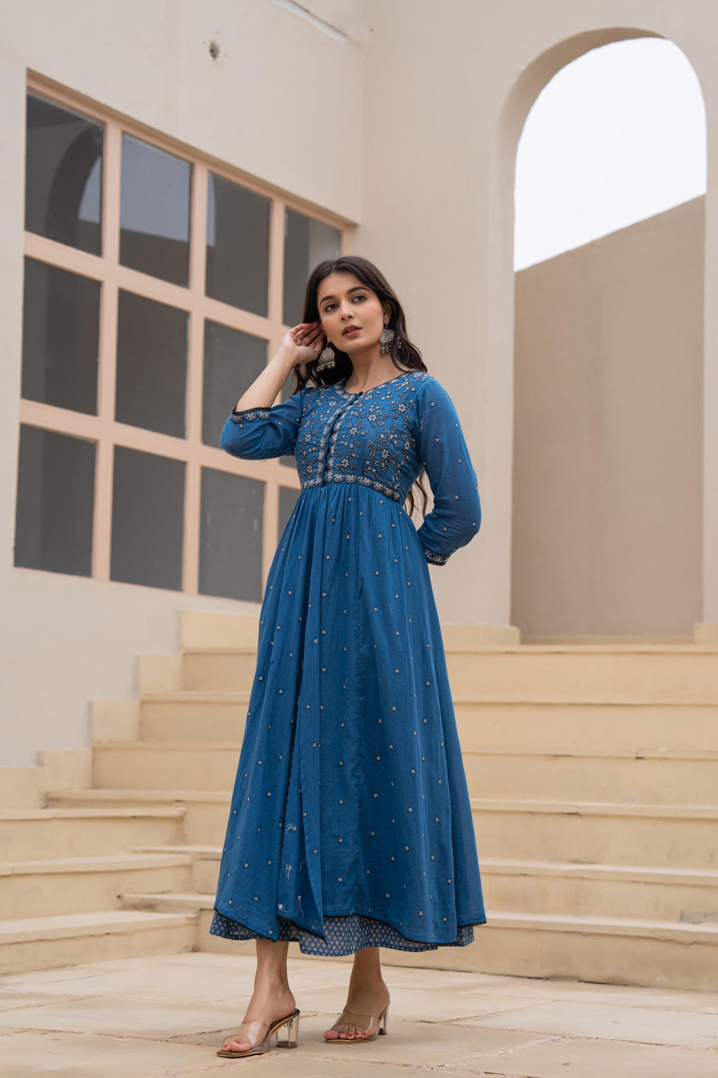Juniper Indigo Floral Embroidered Cotton Dress With Button Closure & Cotton Lace | Grocsy