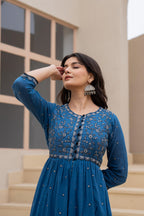 Juniper Indigo Floral Embroidered Cotton Dress with Button Closure & Cotton Lace | Grocsy