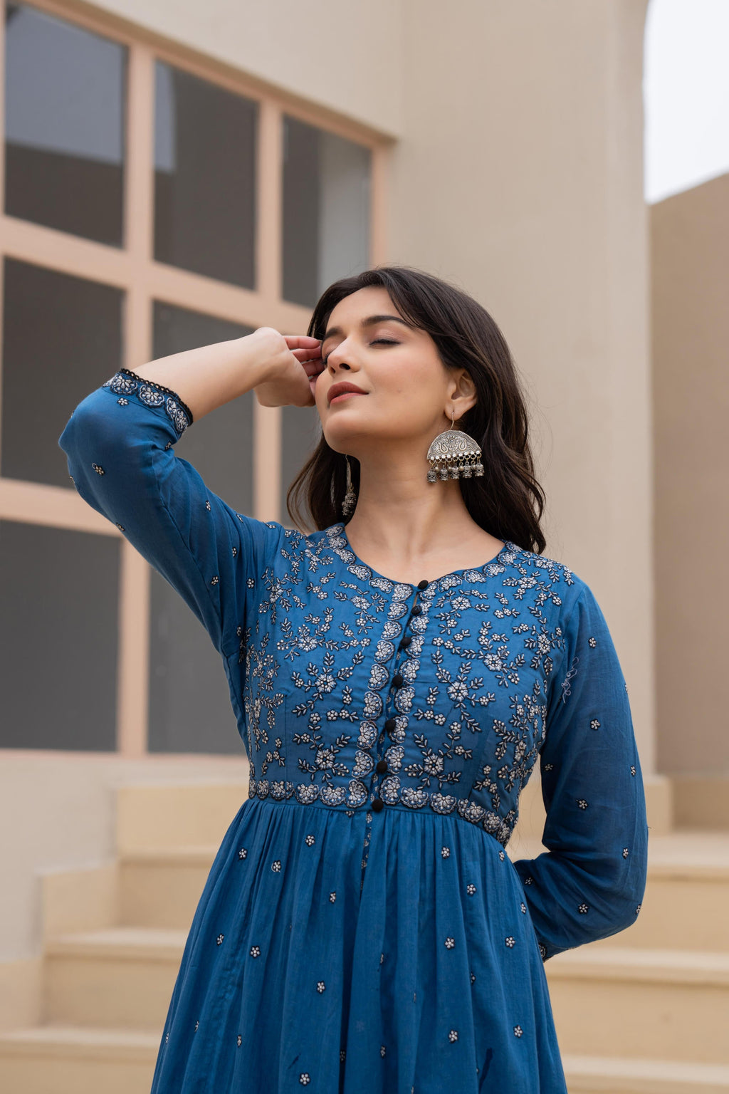 Juniper Indigo Floral Embroidered Cotton Dress With Button Closure & Cotton Lace | Grocsy