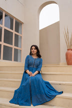 Juniper Indigo Floral Embroidered Cotton Dress with Button Closure & Cotton Lace | Grocsy