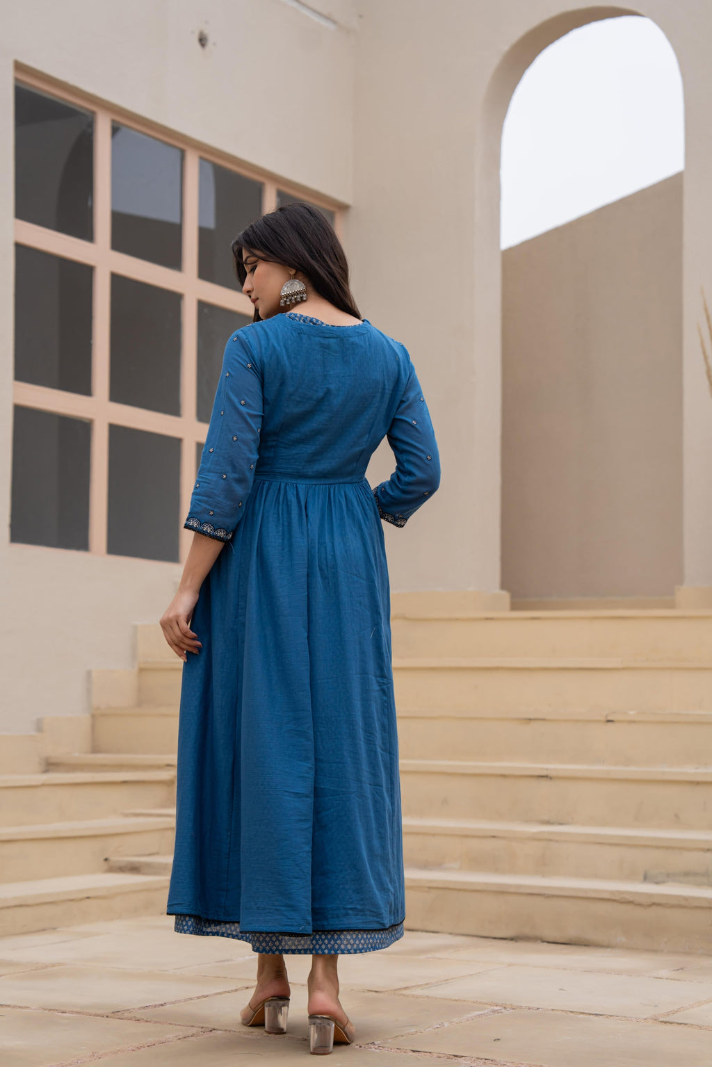 Juniper Indigo Floral Embroidered Cotton Dress with Button Closure & Cotton Lace | Grocsy