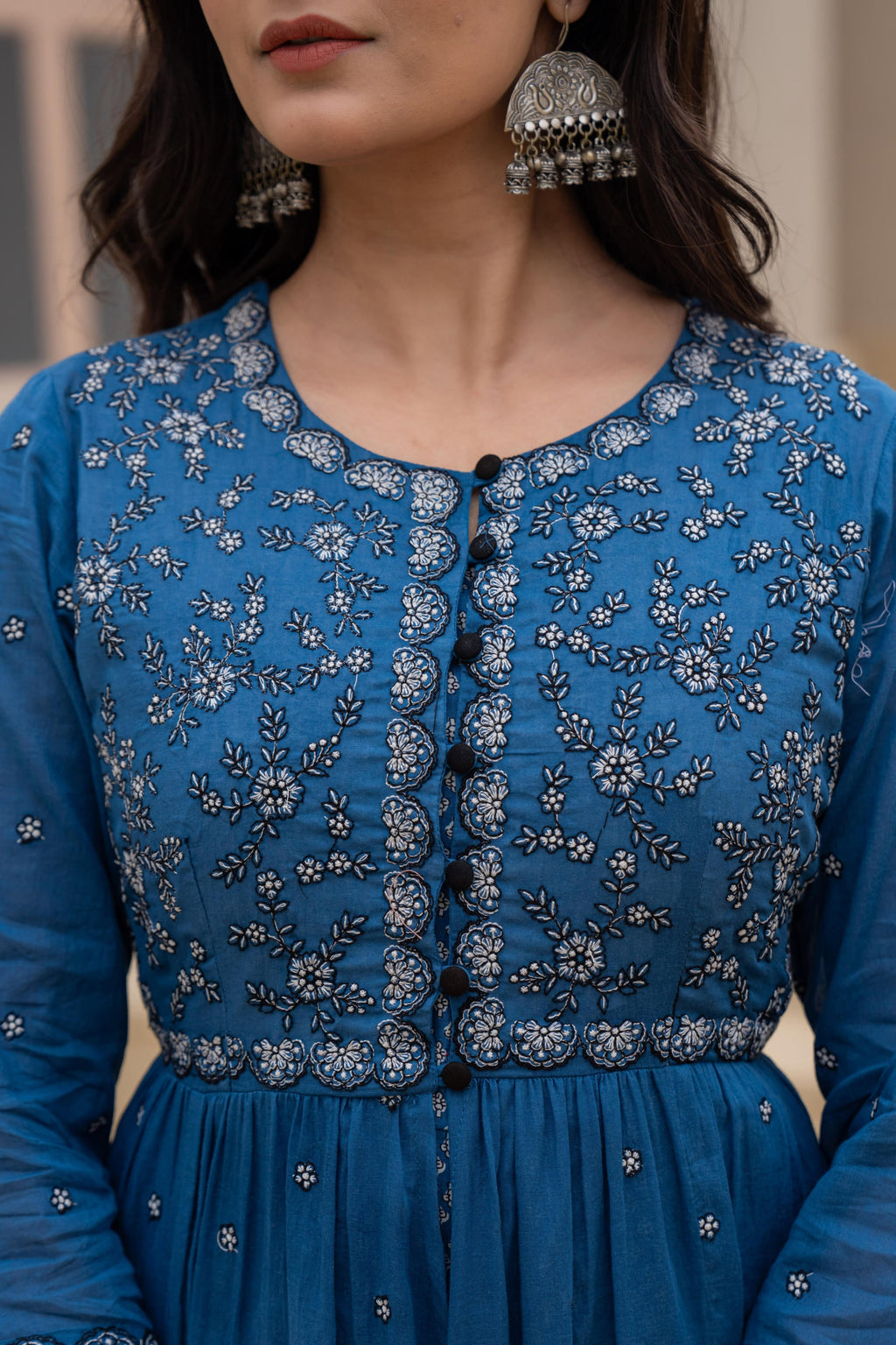Juniper Indigo Floral Embroidered Cotton Dress with Button Closure & Cotton Lace | Grocsy