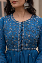 Juniper Indigo Floral Embroidered Cotton Dress with Button Closure & Cotton Lace | Grocsy