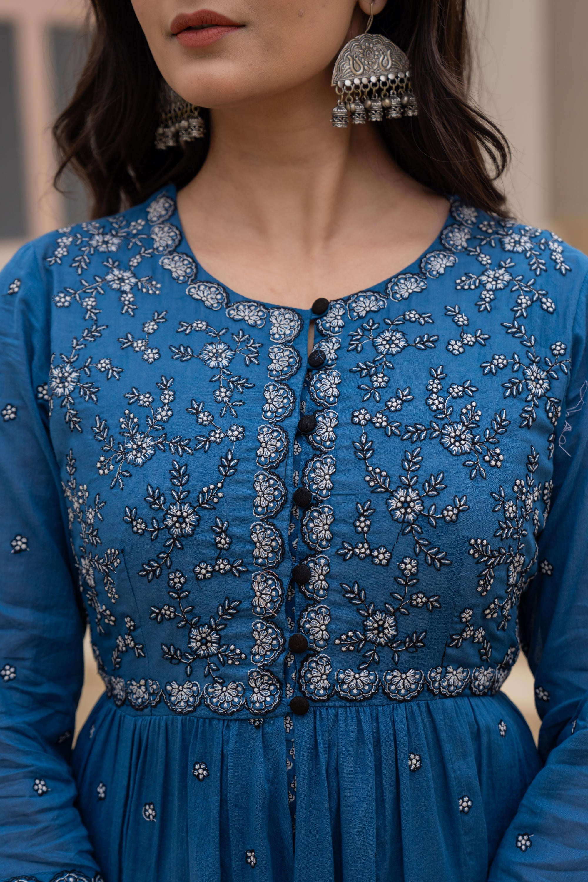 Juniper Indigo Floral Embroidered Cotton Dress with Button Closure & Cotton Lace | Grocsy