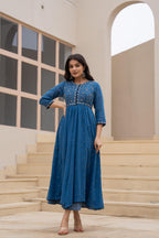Juniper Indigo Floral Embroidered Cotton Dress with Button Closure & Cotton Lace | Grocsy