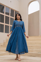 Juniper Indigo Floral Embroidered Cotton Dress with Button Closure & Cotton Lace | Grocsy