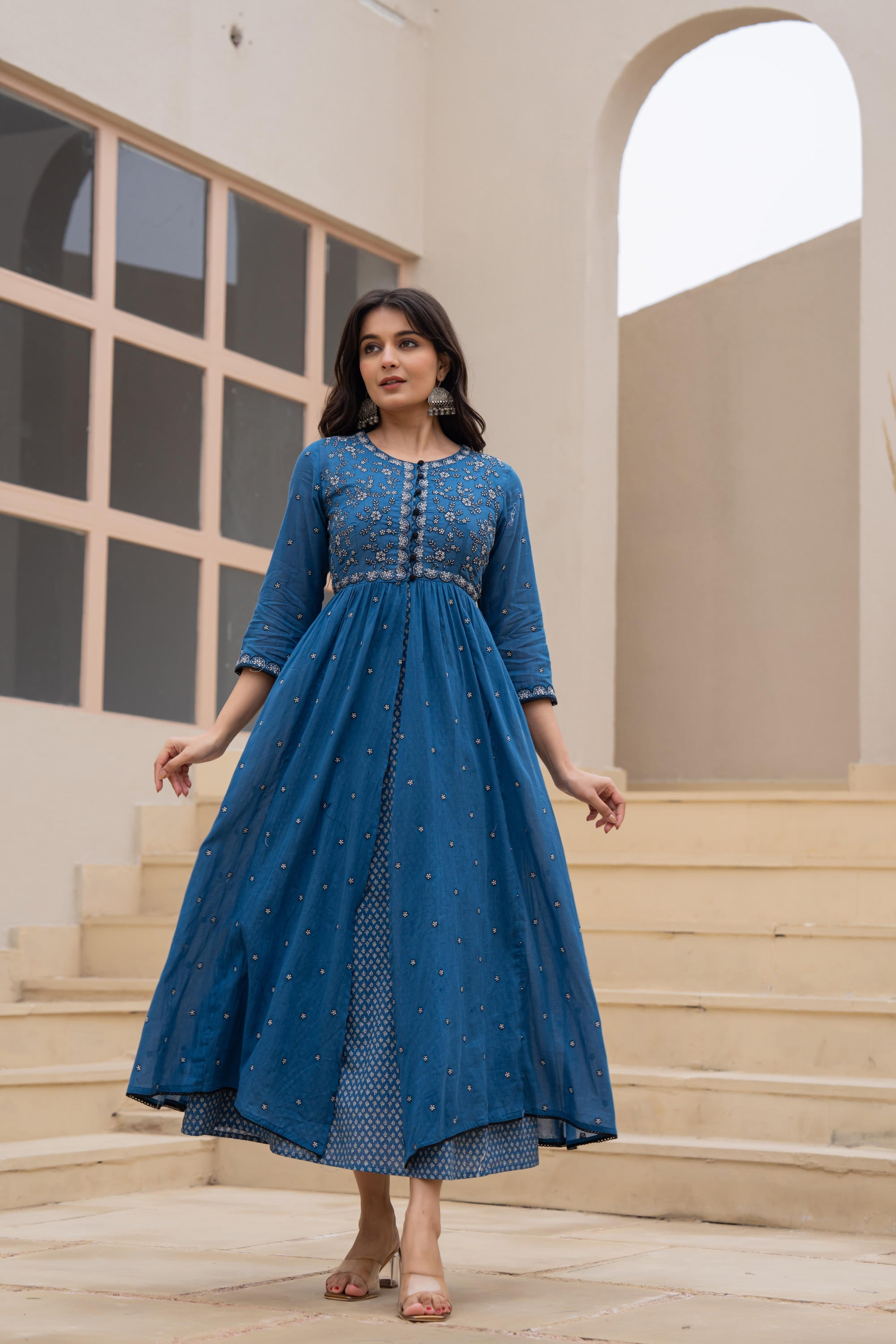Juniper Indigo Floral Embroidered Cotton Dress with Button Closure & Cotton Lace | Grocsy