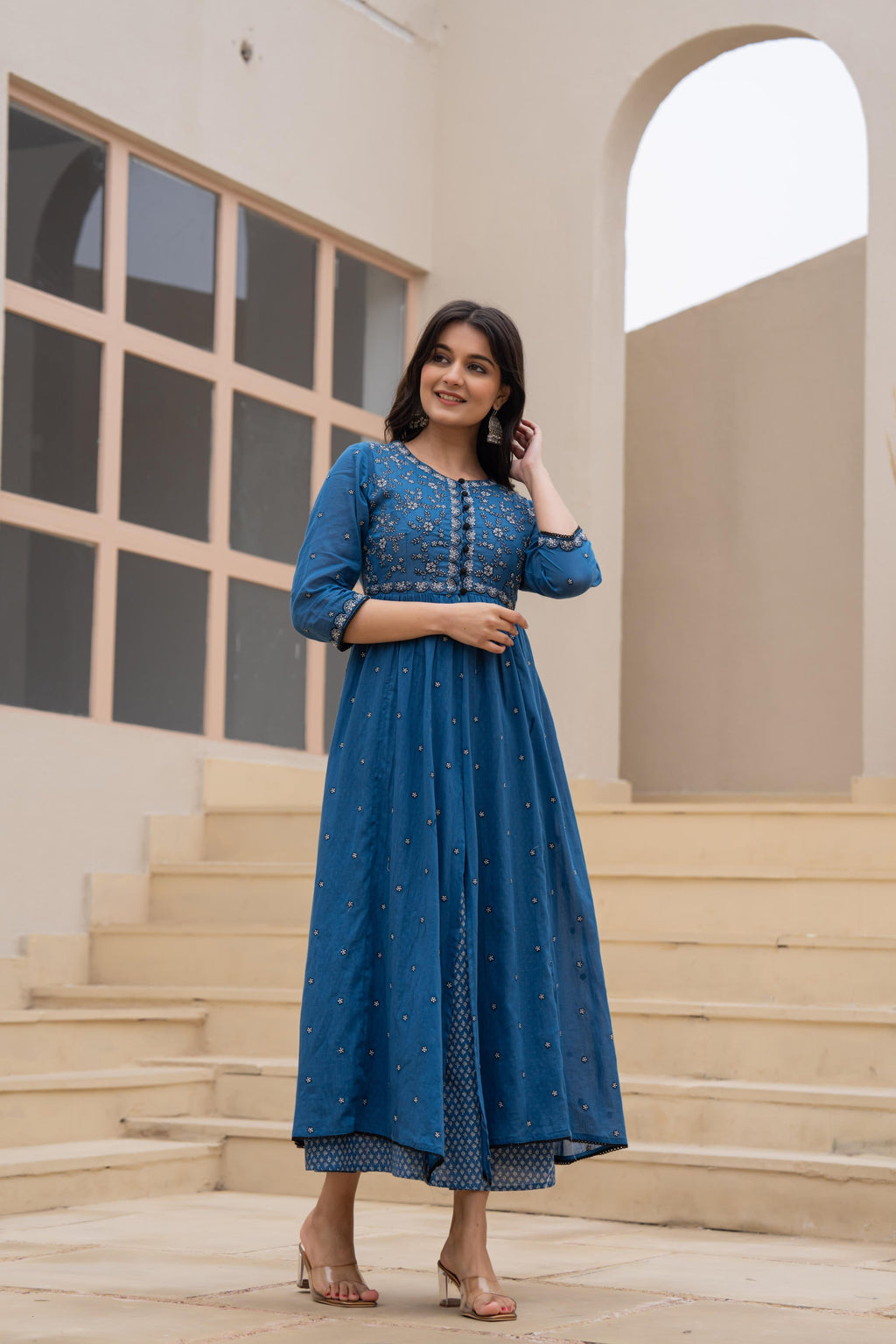 Juniper Indigo Floral Embroidered Cotton Dress with Button Closure & Cotton Lace | Grocsy