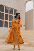 Juniper Mustard Floral Embroidered Cotton Dress with Button Closure & Cotton Lace | Grocsy