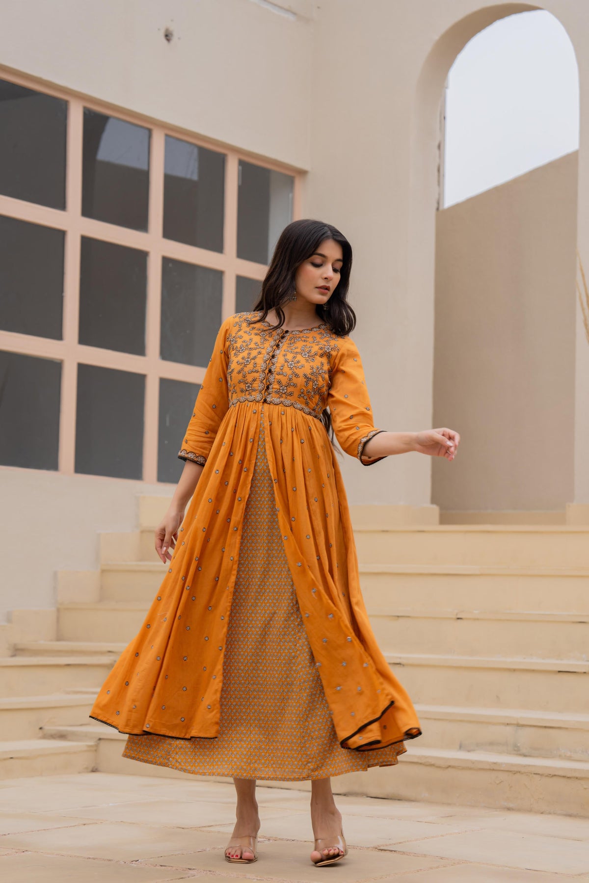 Juniper Mustard Floral Embroidered Cotton Dress with Button Closure & Cotton Lace | Grocsy