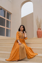 Juniper Mustard Floral Embroidered Cotton Dress with Button Closure & Cotton Lace | Grocsy