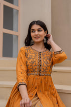 Juniper Mustard Floral Embroidered Cotton Dress with Button Closure & Cotton Lace | Grocsy