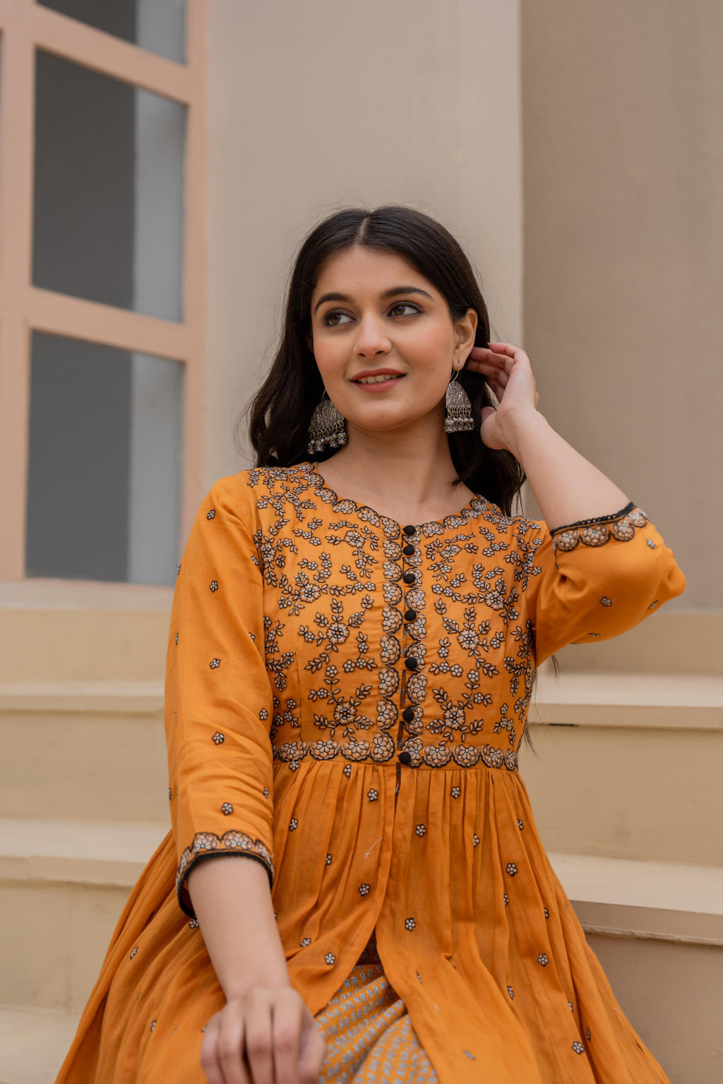 Juniper Mustard Floral Embroidered Cotton Dress With Button Closure & Cotton Lace | Grocsy