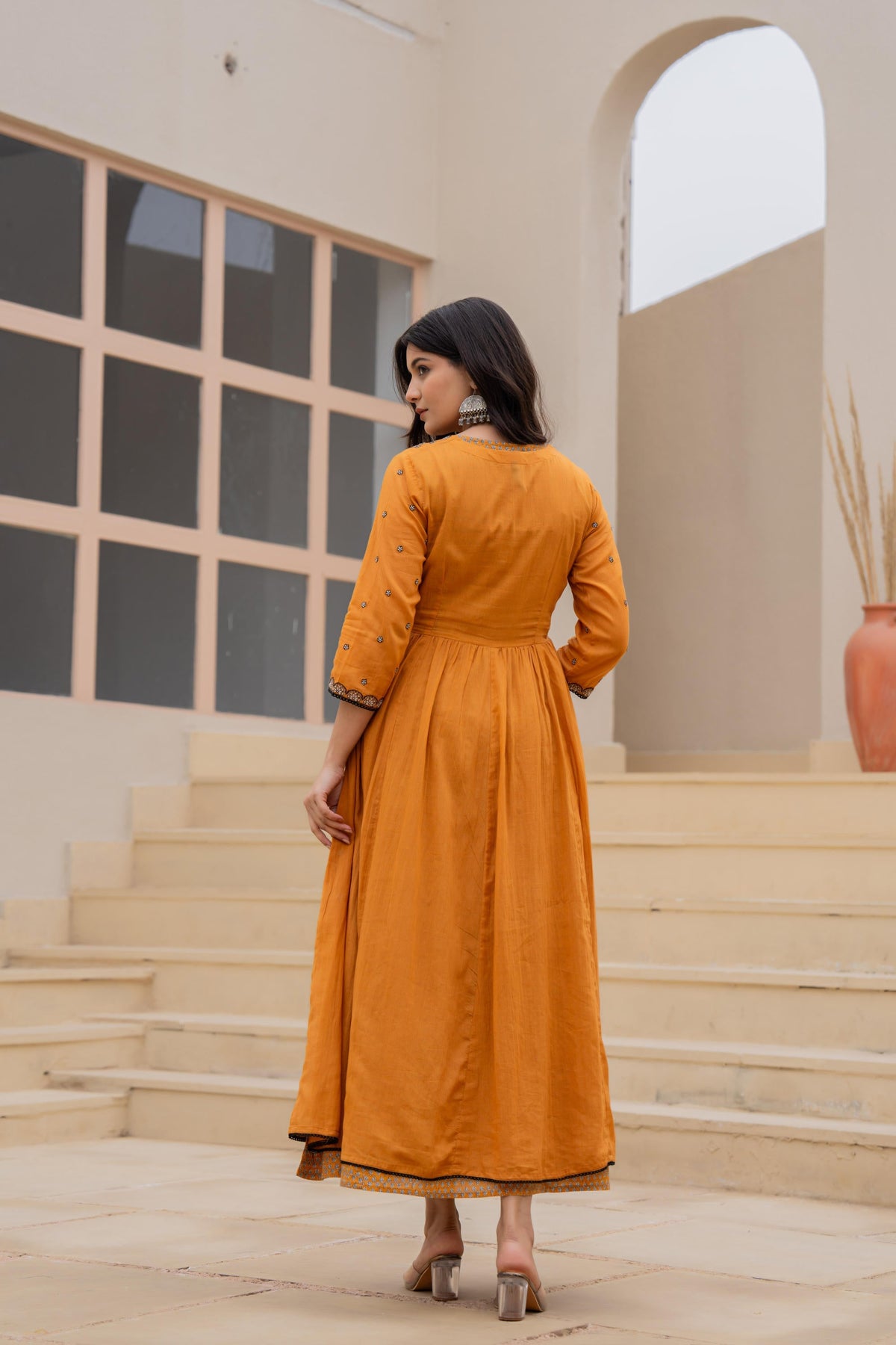 Juniper Mustard Floral Embroidered Cotton Dress with Button Closure & Cotton Lace | Grocsy