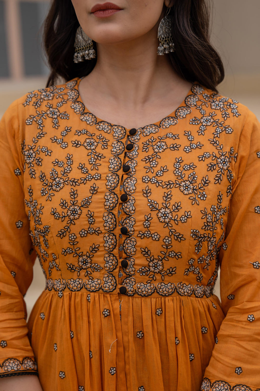 Juniper Mustard Floral Embroidered Cotton Dress with Button Closure & Cotton Lace | Grocsy