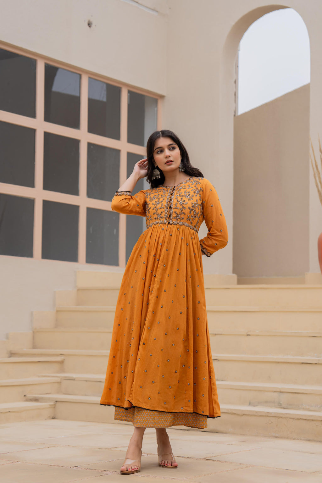 Juniper Mustard Floral Embroidered Cotton Dress with Button Closure & Cotton Lace | Grocsy