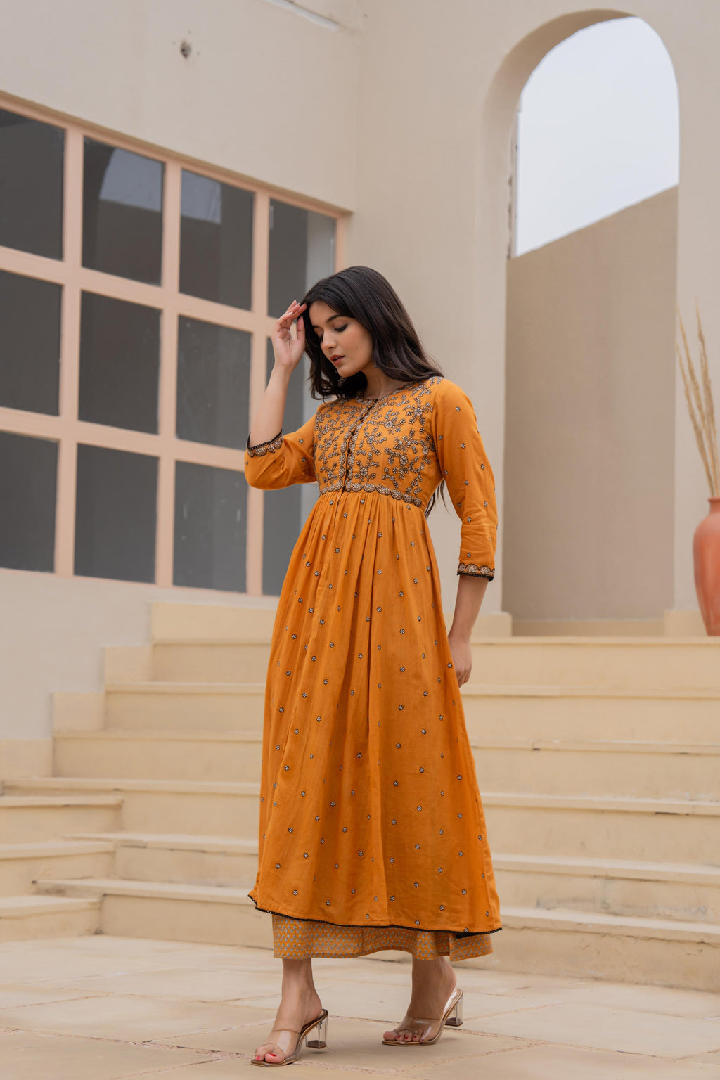 Juniper Mustard Floral Embroidered Cotton Dress with Button Closure & Cotton Lace | Grocsy