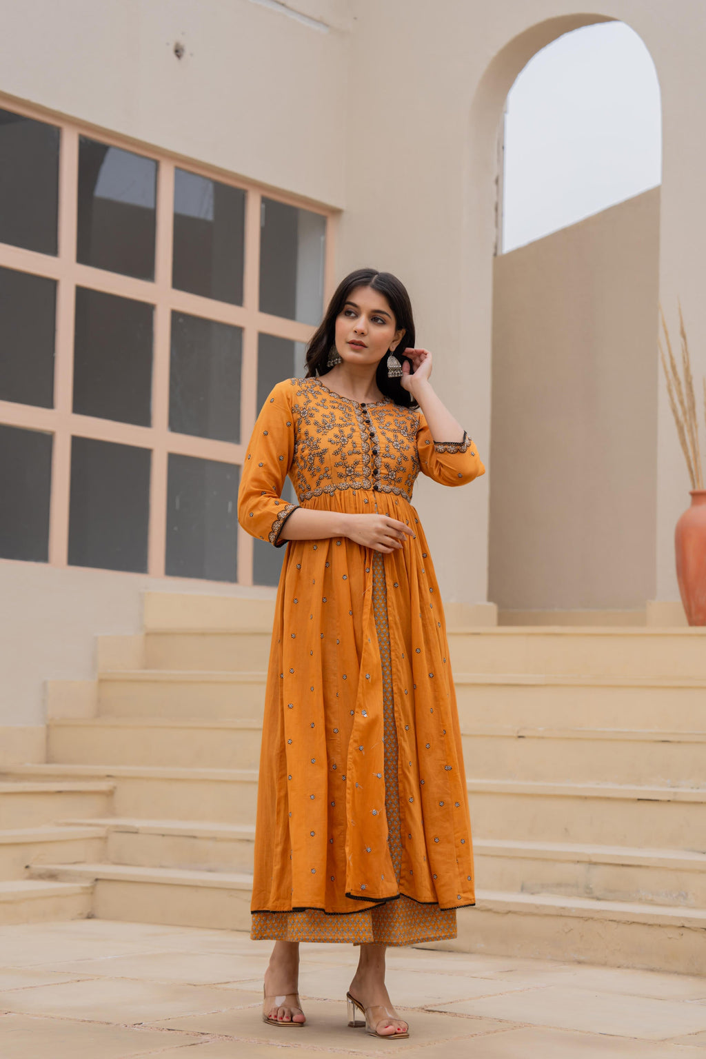 Juniper Mustard Floral Embroidered Cotton Dress with Button Closure & Cotton Lace | Grocsy