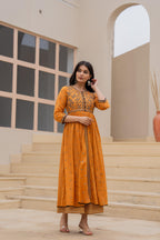 Juniper Mustard Floral Embroidered Cotton Dress with Button Closure & Cotton Lace | Grocsy