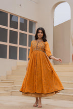 Juniper Mustard Floral Embroidered Cotton Dress with Button Closure & Cotton Lace | Grocsy