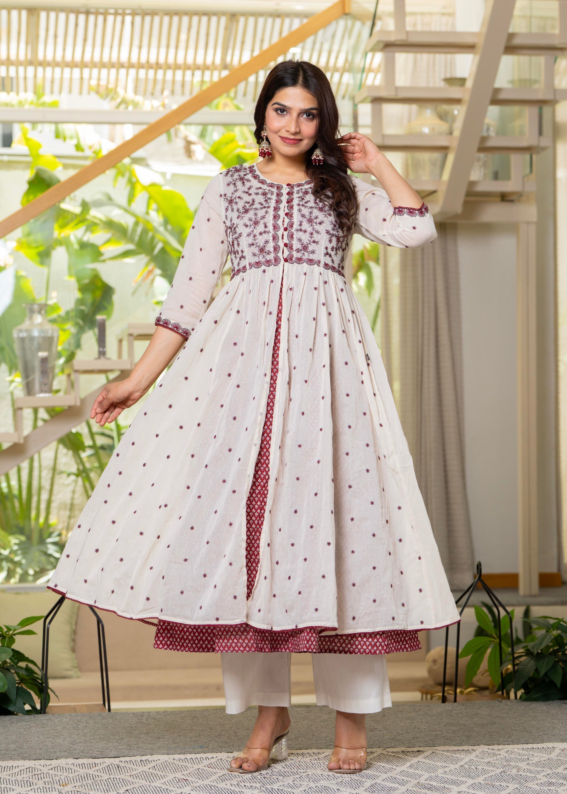 Juniper Cotton Red Fit & Flare Layered Dress With Thread Work & Buttons | Grocsy