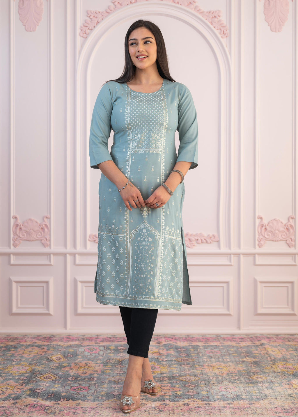Juniper Women's Mint Printed Viscose Straight Fit Kurta | Grocsy
