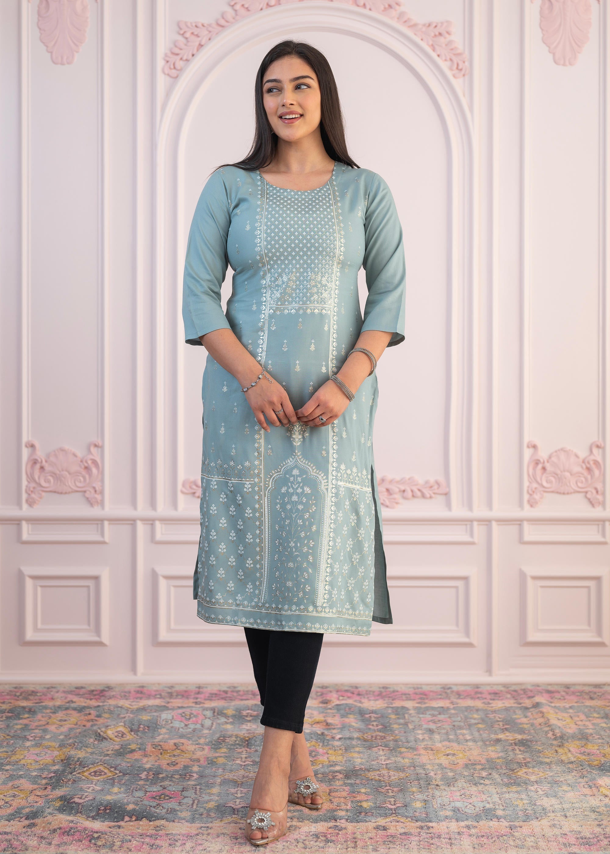 Juniper Women's Mint Printed Viscose Straight Fit Kurta | Grocsy