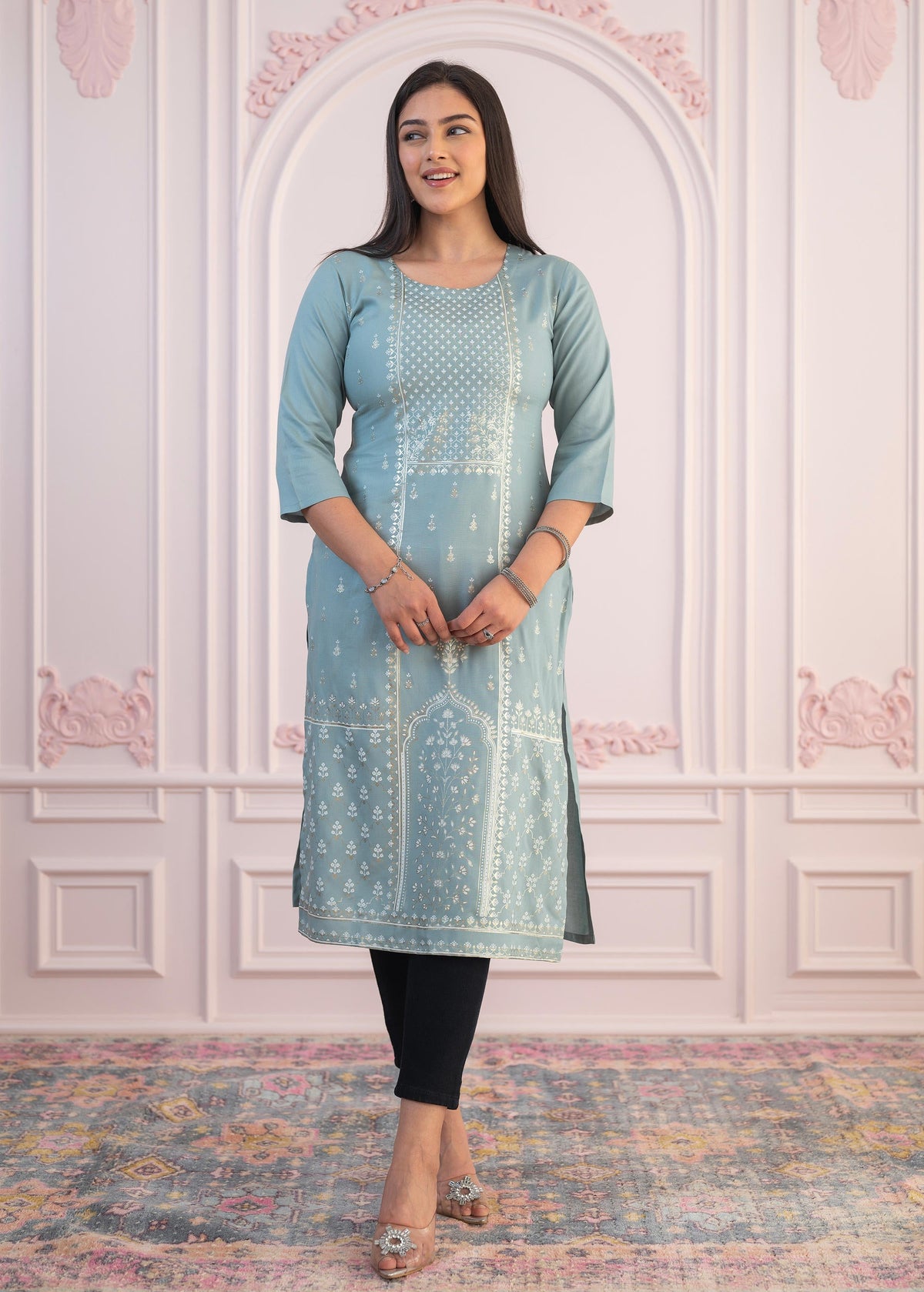 Juniper Mint Printed Viscose Straight Fit Kurta | Grocsy