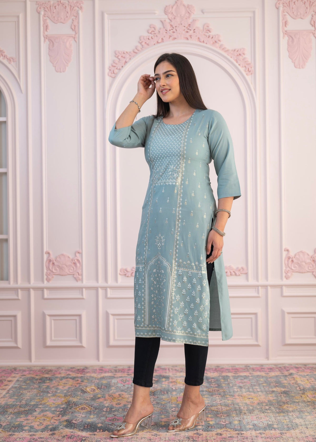 Juniper Mint Printed Viscose Straight Fit Kurta | Grocsy