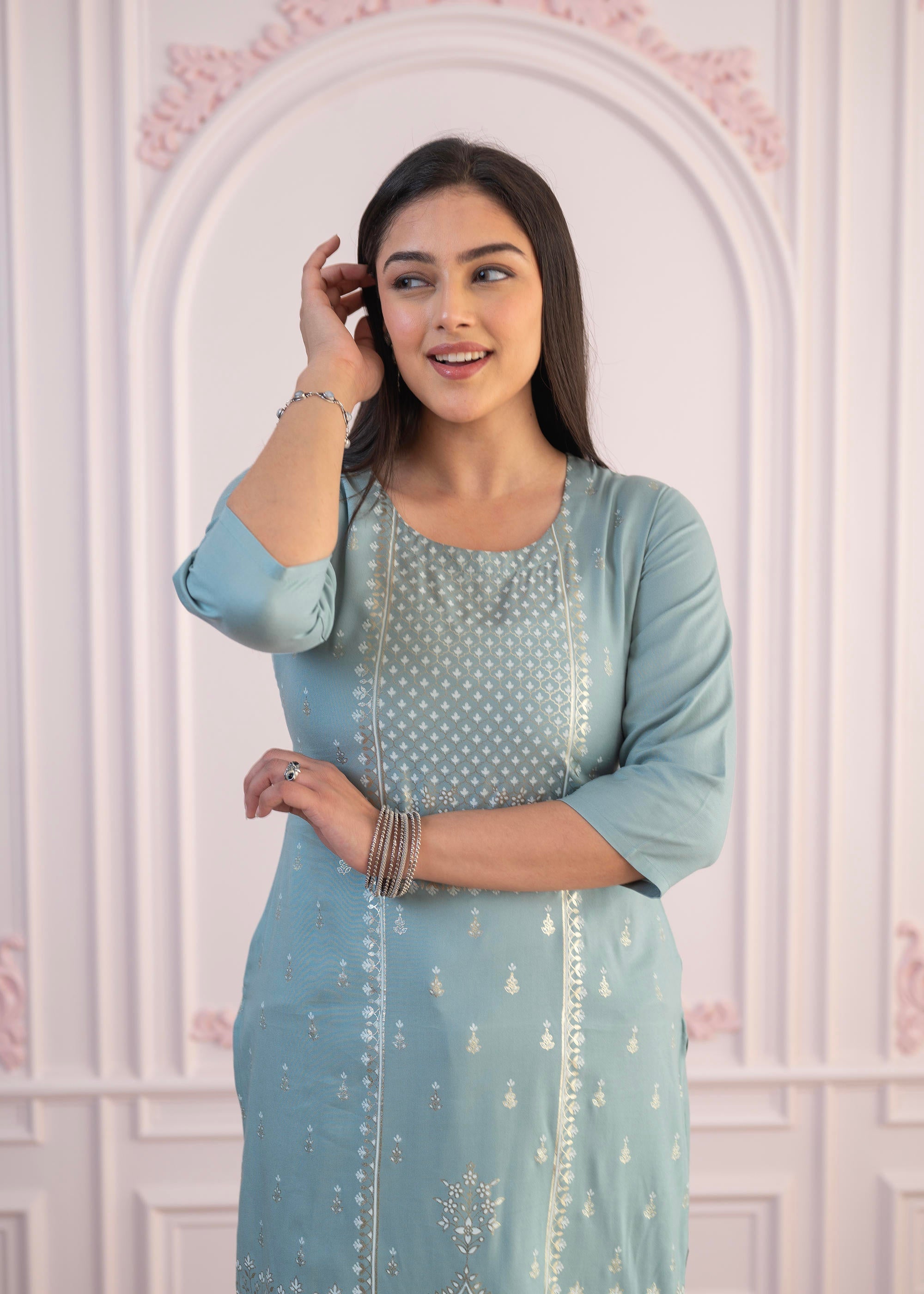Juniper Mint Printed Viscose Straight Fit Kurta | Grocsy