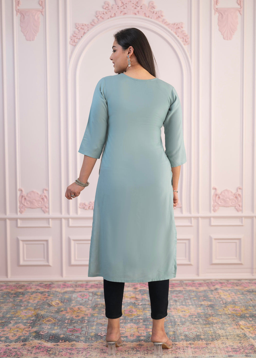 Juniper Mint Printed Viscose Straight Fit Kurta | Grocsy
