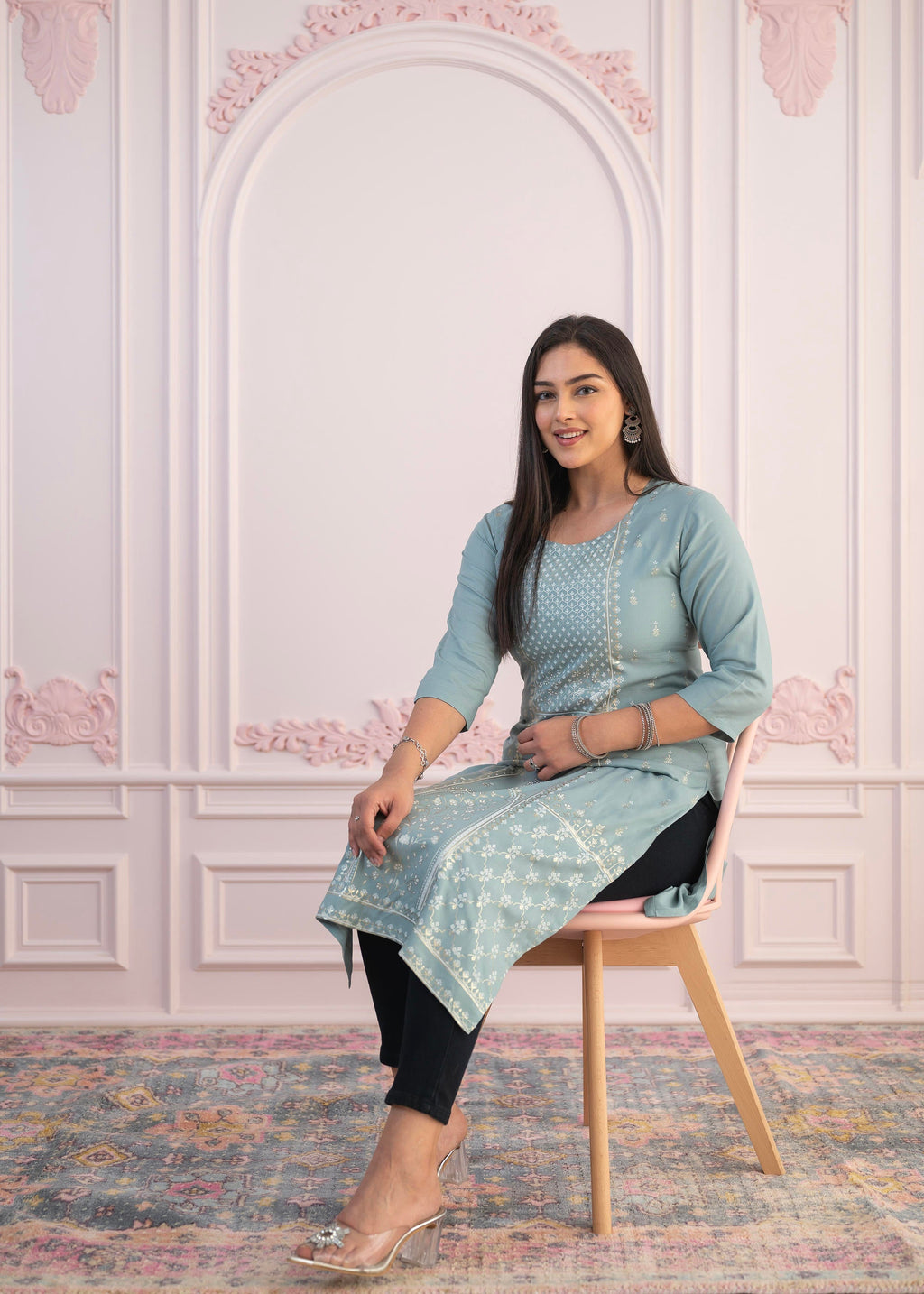 Juniper Mint Printed Viscose Straight Fit Kurta | Grocsy