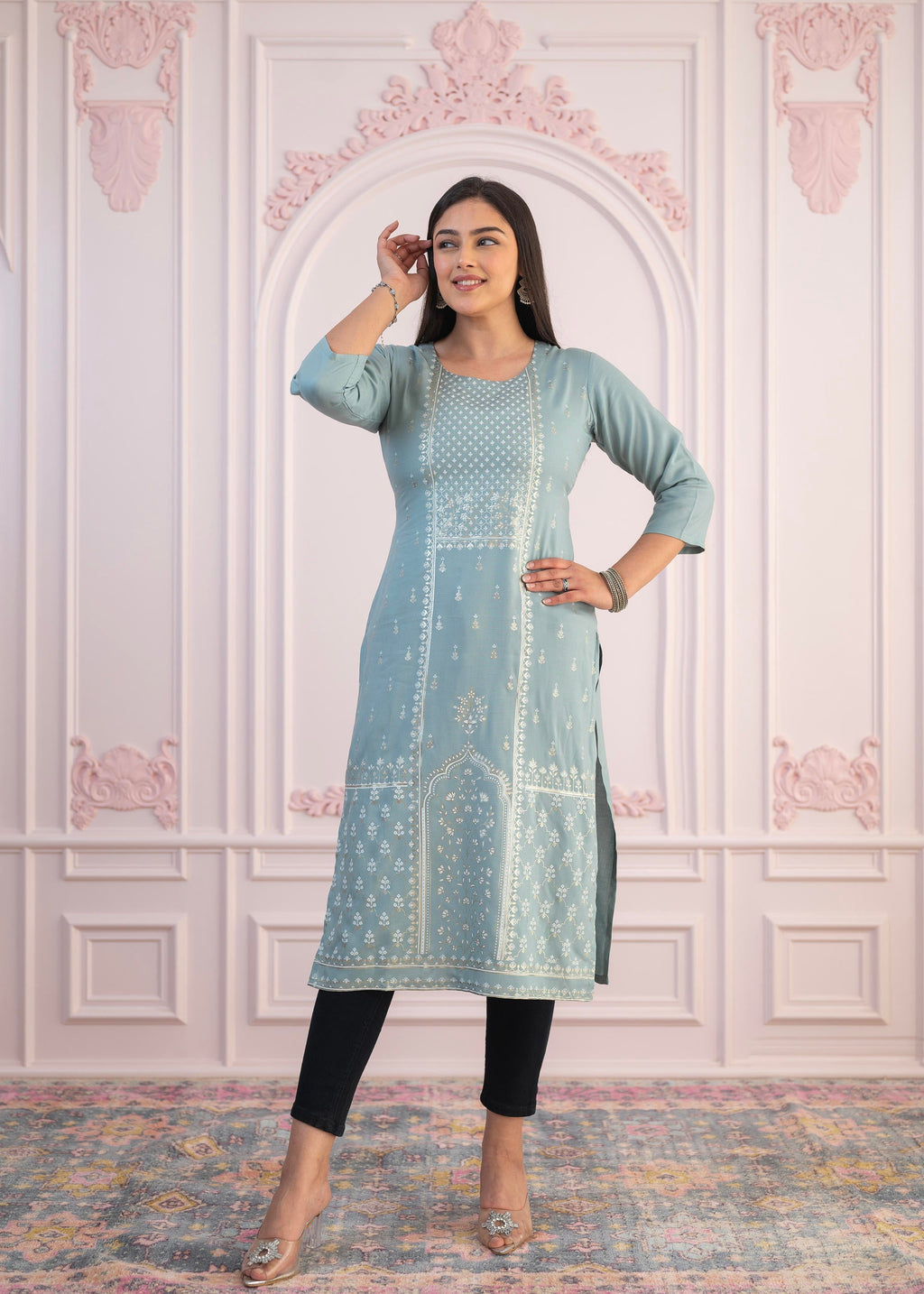 Juniper Women's Mint Printed Viscose Straight Fit Kurta | Grocsy