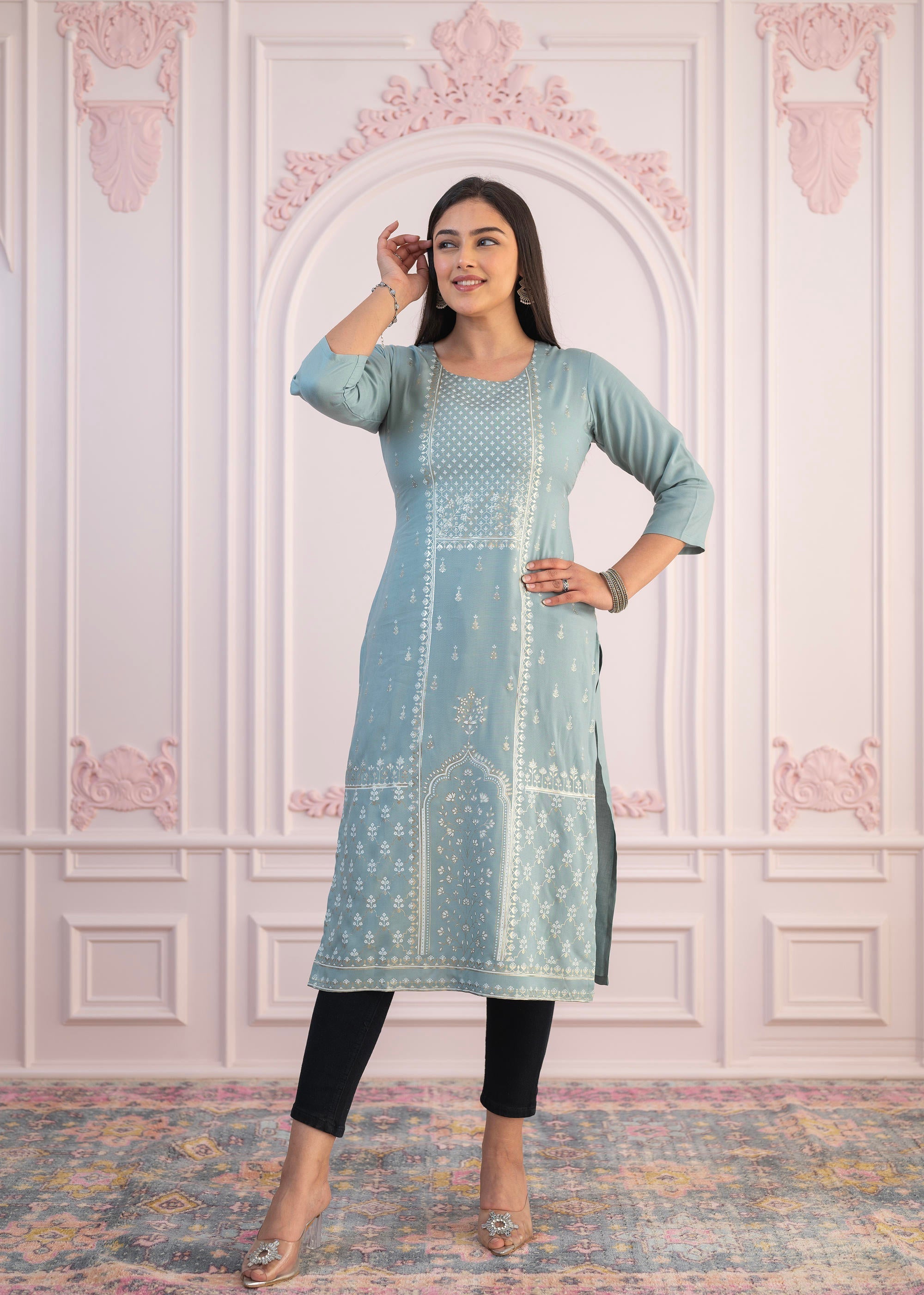 Juniper Women's Mint Printed Viscose Straight Fit Kurta | Grocsy