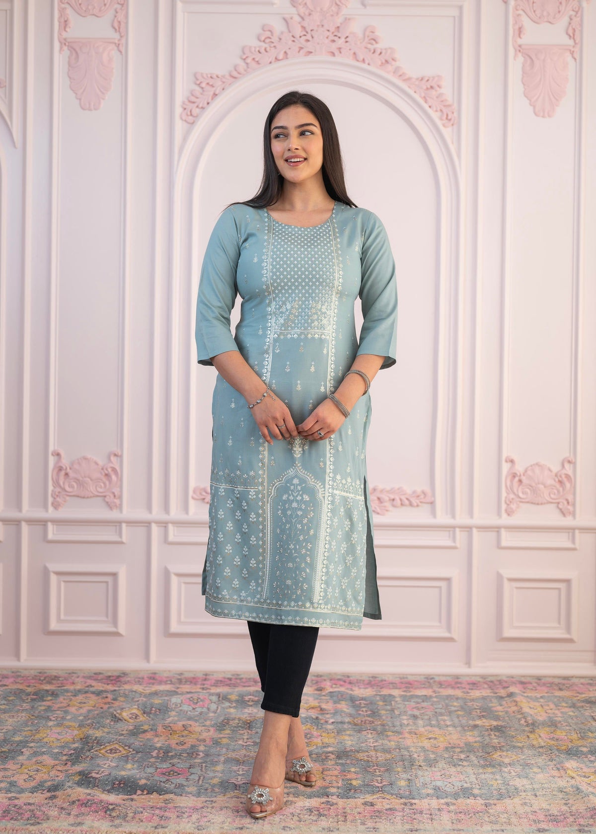 Juniper Women's Mint Printed Viscose Straight Fit Kurta | Grocsy