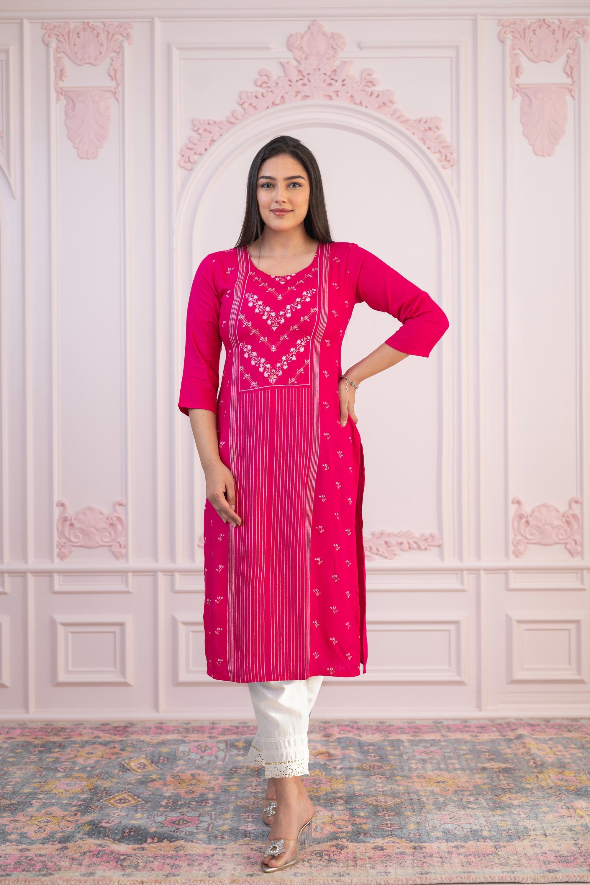 Juniper Fuchsia Printed Viscose Straight Fit Kurta With Round Neck | Grocsy