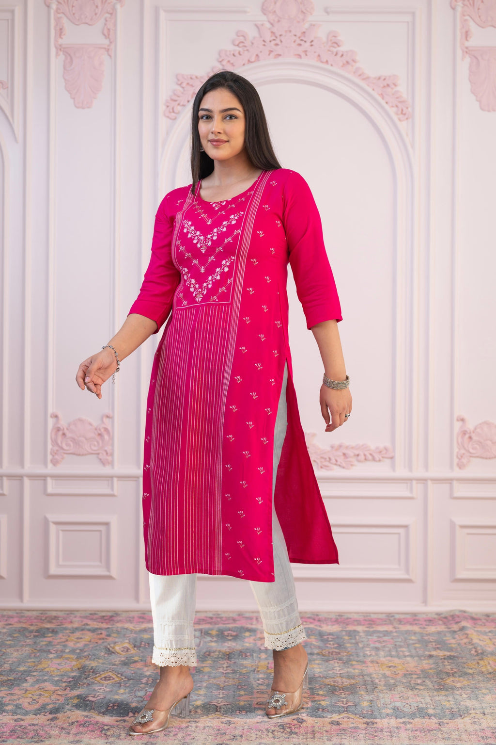 Juniper Fuchsia Printed Viscose Straight Fit Kurta With Round Neck | Grocsy