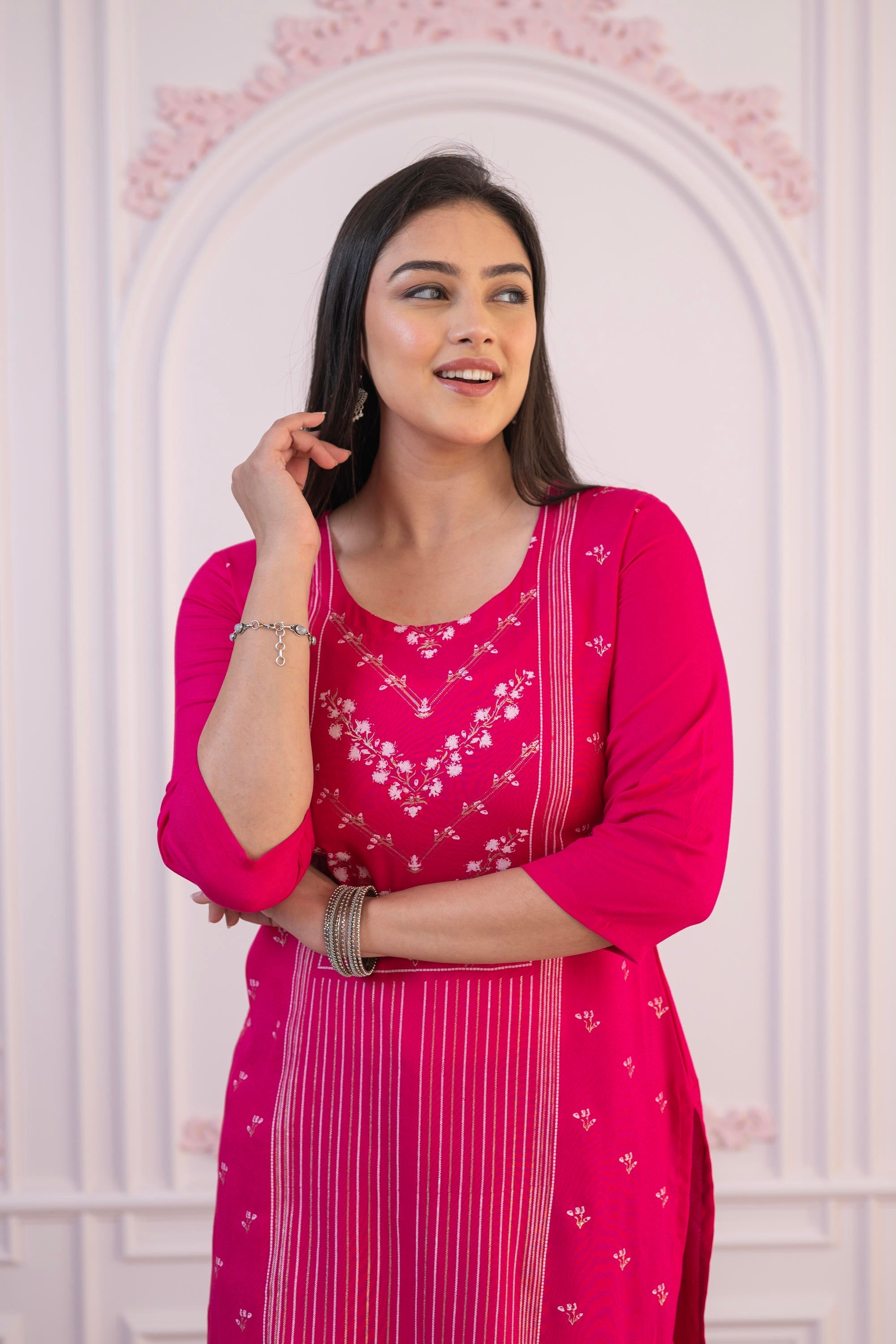 Juniper Fuchsia Printed Viscose Straight Fit Kurta With Round Neck | Grocsy
