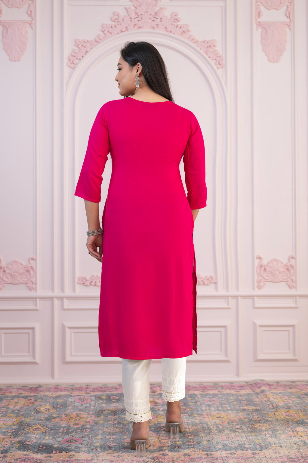 Juniper Women's Fuchsia Printed Viscose Straight Fit Kurta With Round Neck | Grocsy
