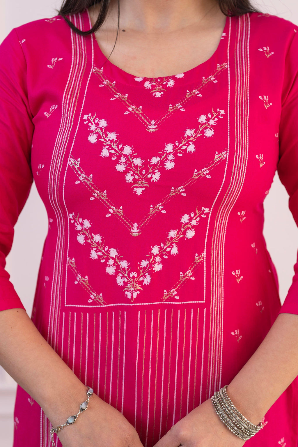 Juniper Women's Fuchsia Printed Viscose Straight Fit Kurta With Round Neck | Grocsy