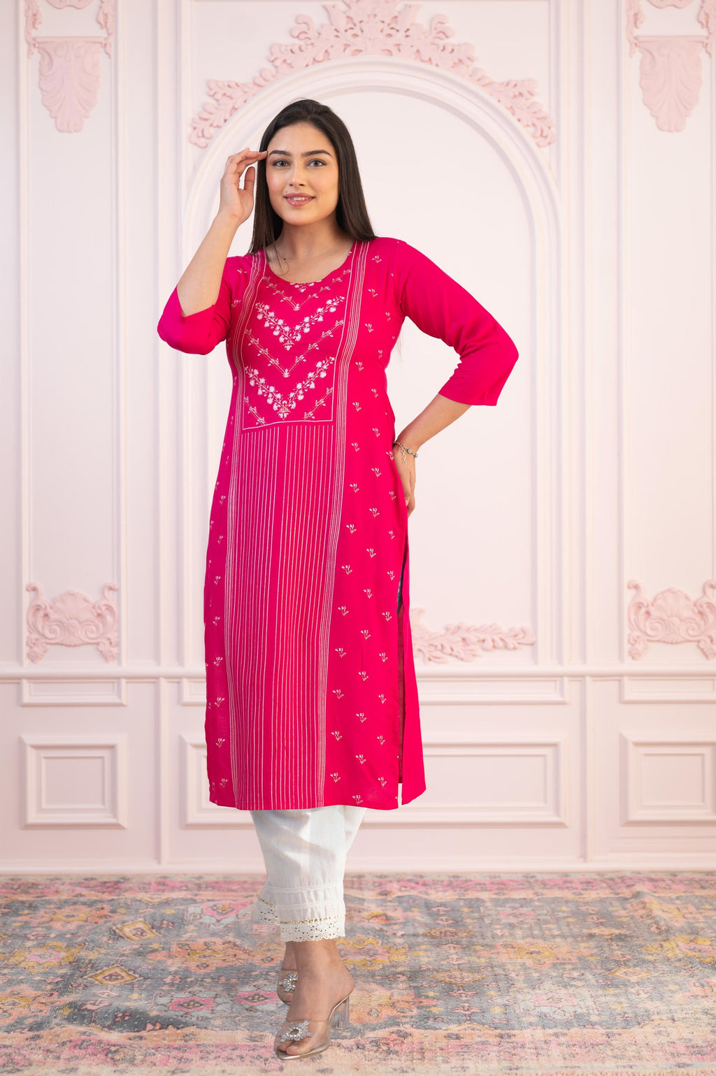 Juniper Women's Fuchsia Printed Viscose Straight Fit Kurta With Round Neck | Grocsy