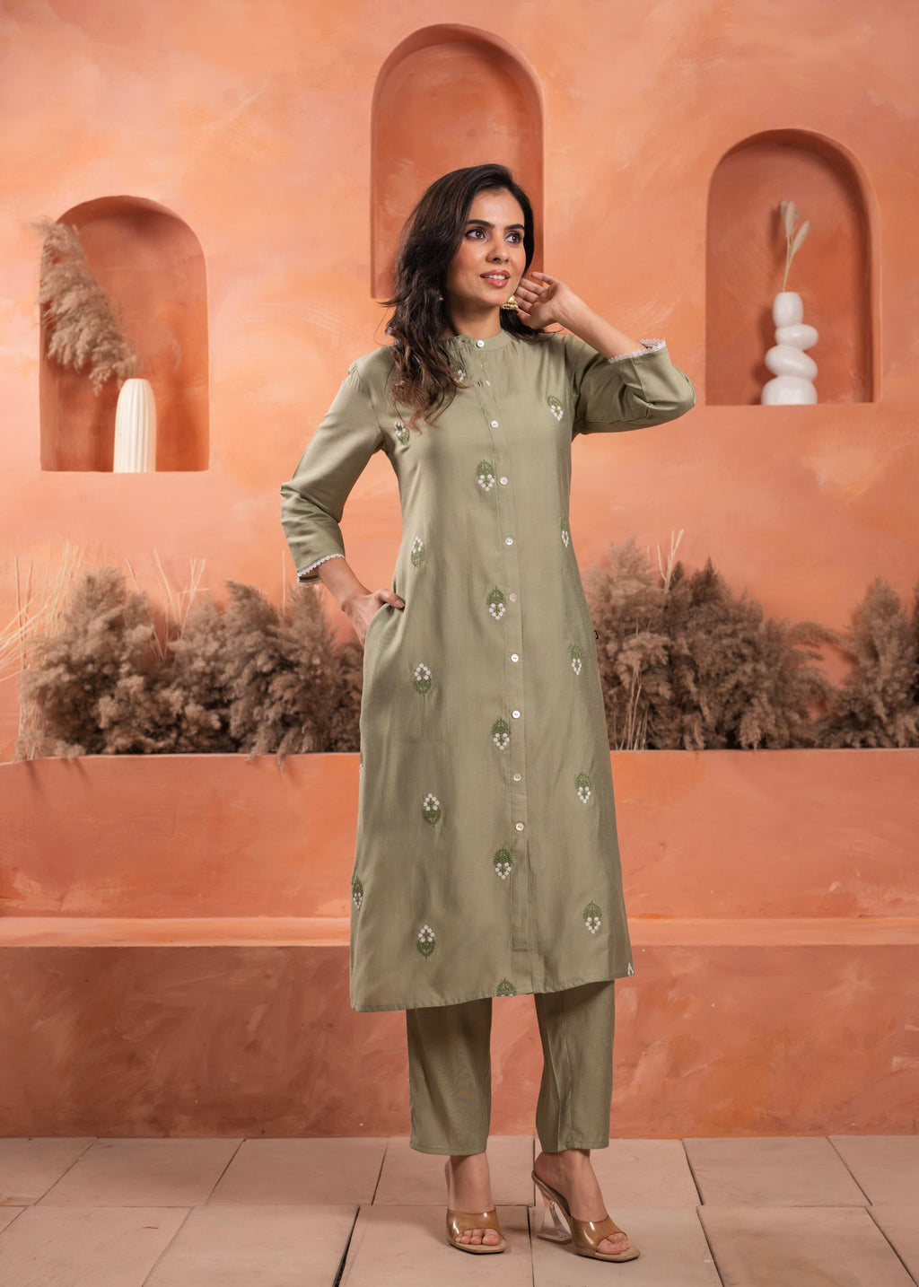Juniper Olive embroiderd kurta and solid bottom with cotton lace and buttons | Grocsy