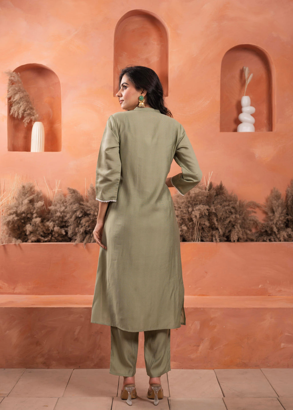 Juniper Olive embroiderd kurta and solid bottom with cotton lace and buttons | Grocsy