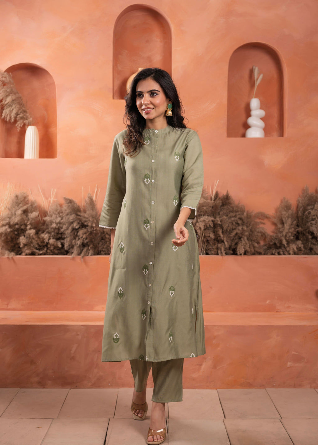 Juniper Olive embroiderd kurta and solid bottom with cotton lace and buttons | Grocsy