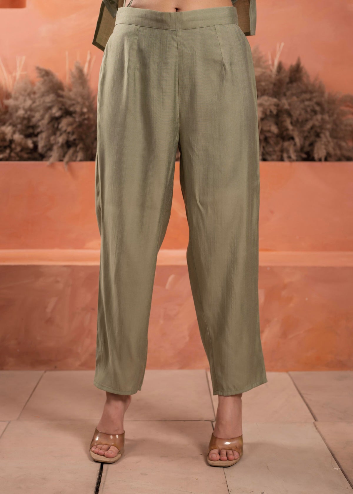 Juniper Olive embroiderd kurta and solid bottom with cotton lace and buttons | Grocsy