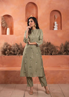 Juniper Olive embroiderd kurta and solid bottom with cotton lace and buttons | Grocsy