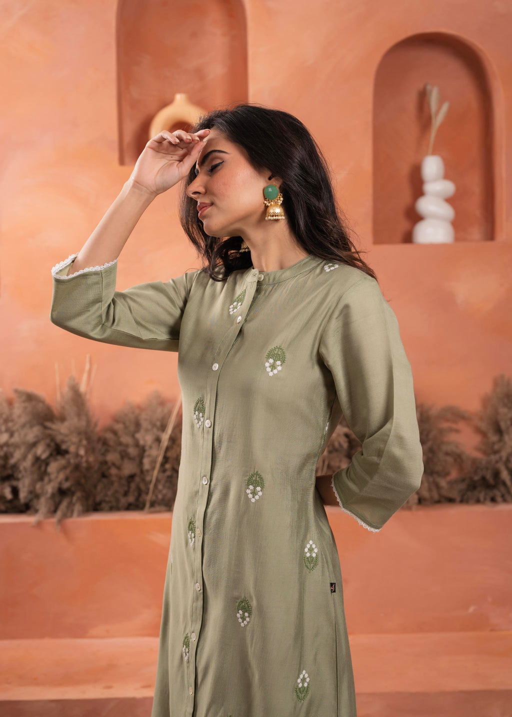 Juniper Olive embroiderd kurta and solid bottom with cotton lace and buttons | Grocsy