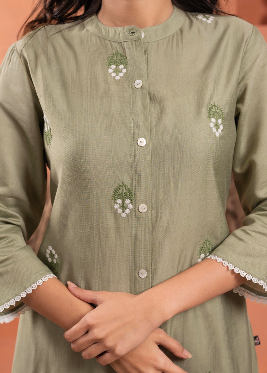 Juniper Olive embroiderd kurta and solid bottom with cotton lace and buttons | Grocsy
