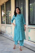 Juniper Turquoise Embroidered Kurta And Solid Bottom With Cotton Lace | Grocsy